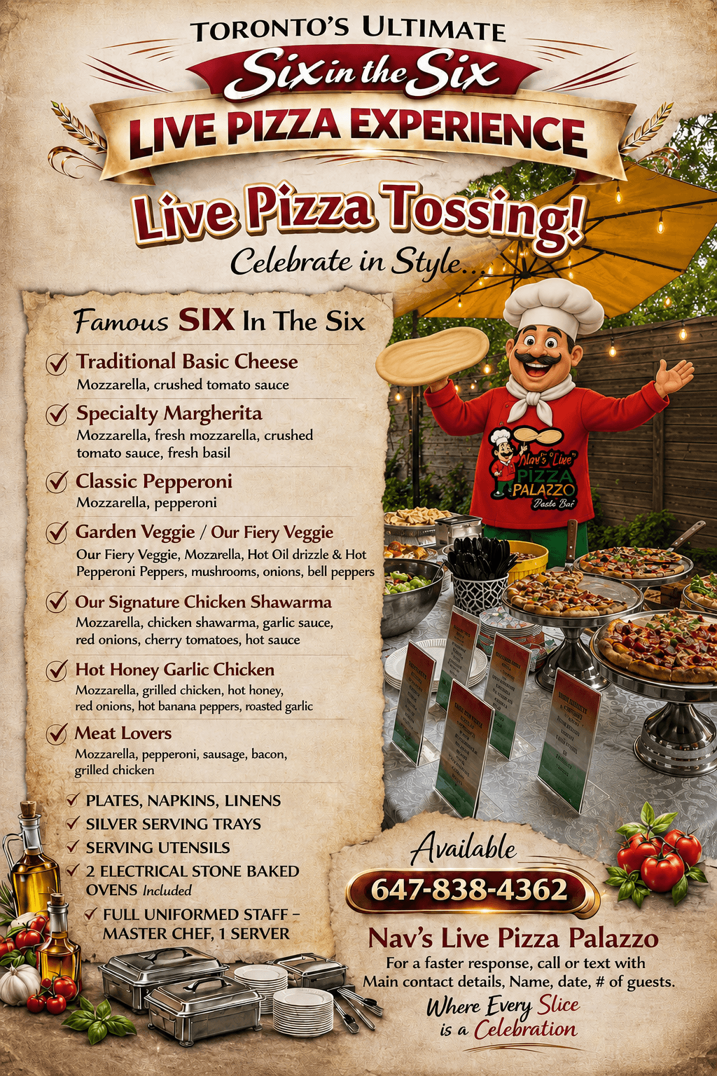 Six in the Six live pizza menu poster with the chef mascot tossing dough in a backyard setting
