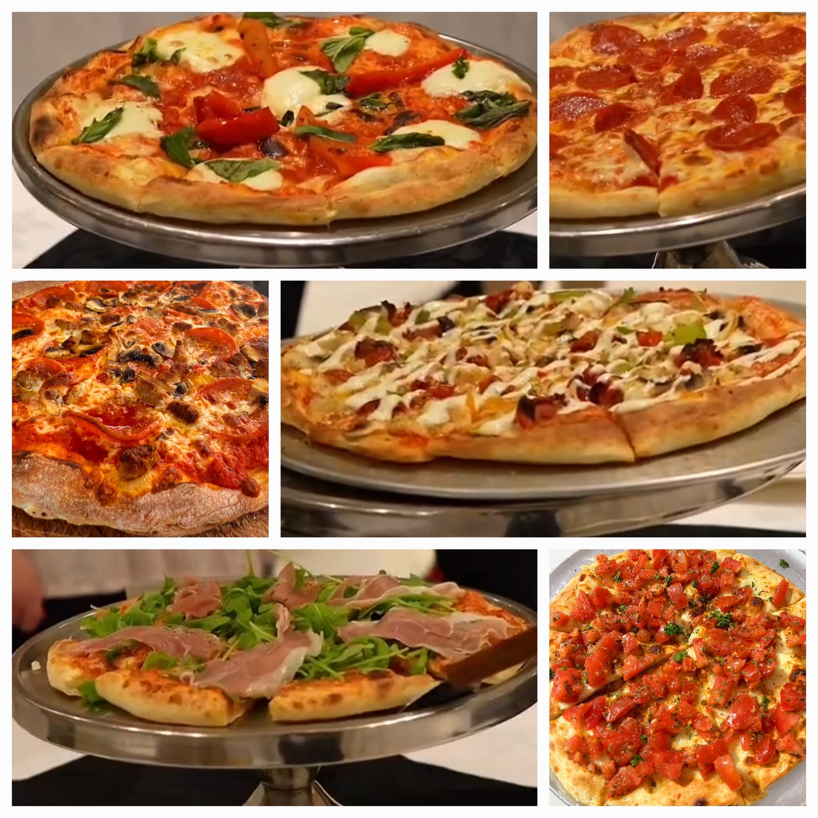 Collage of six signature stone-baked pizzas including margherita, pepperoni, prosciutto and bruschetta