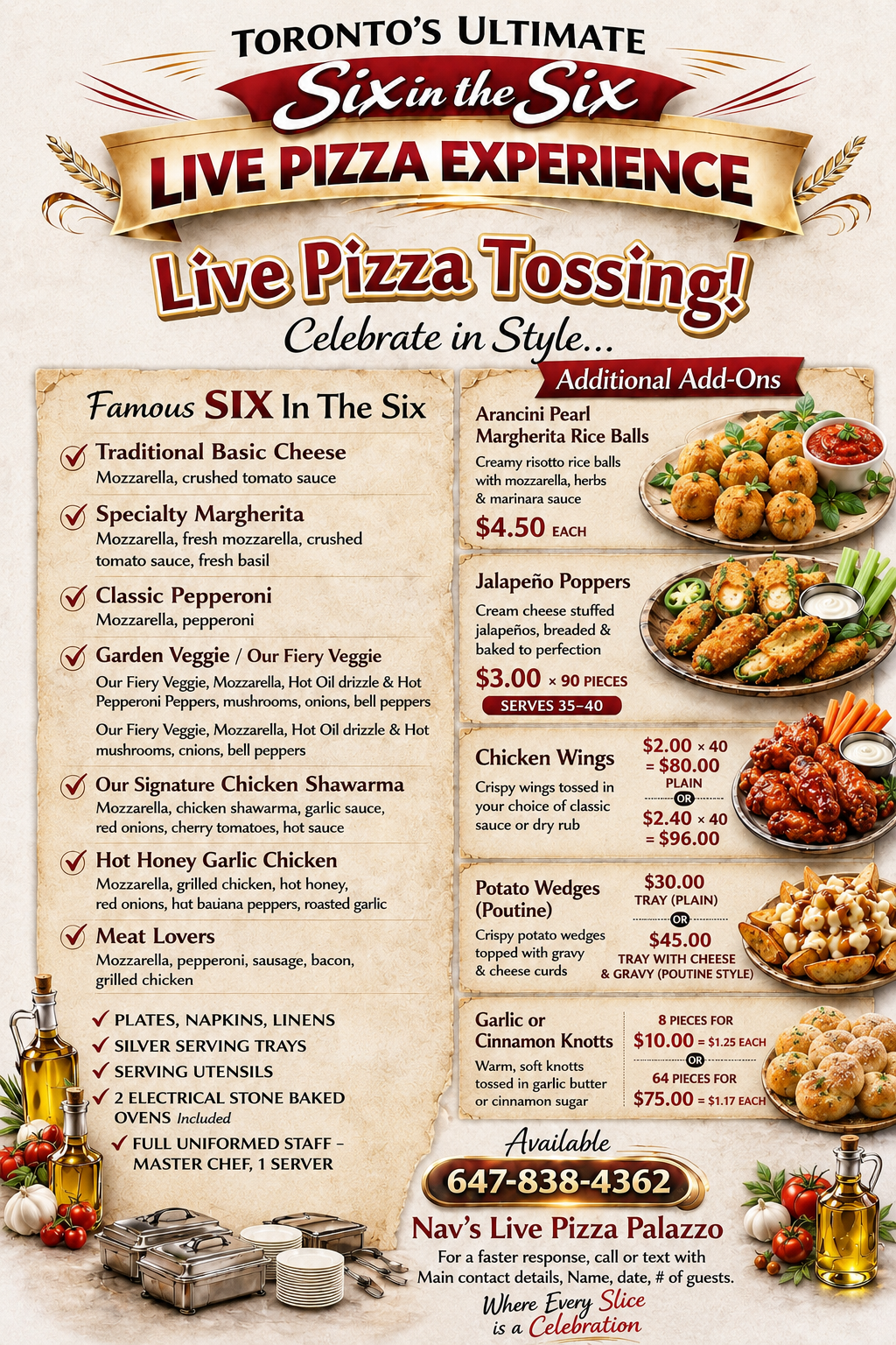 Nav's Live Pizza Palazzo printed menu listing the Famous Six in the Six signature pizzas and additional add-ons with pricing