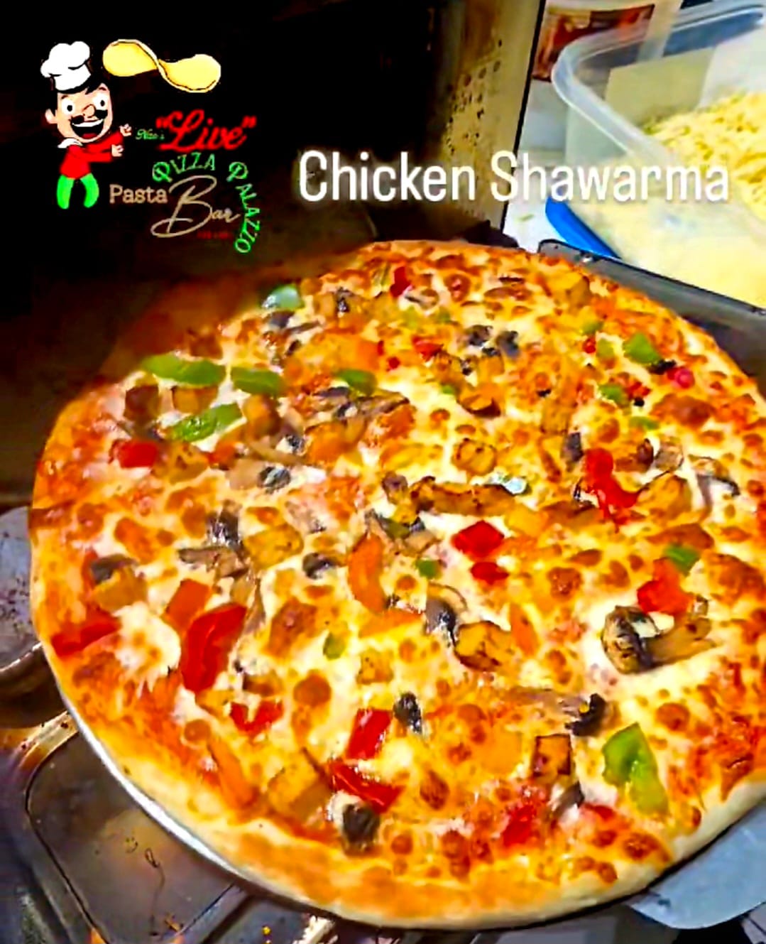 Signature Chicken Shawarma — Tomato sauce base, fresh mozzarella cheese, bell peppers & mushrooms, topped with marinated chicken chunks & drizzled with shawarma sauce.